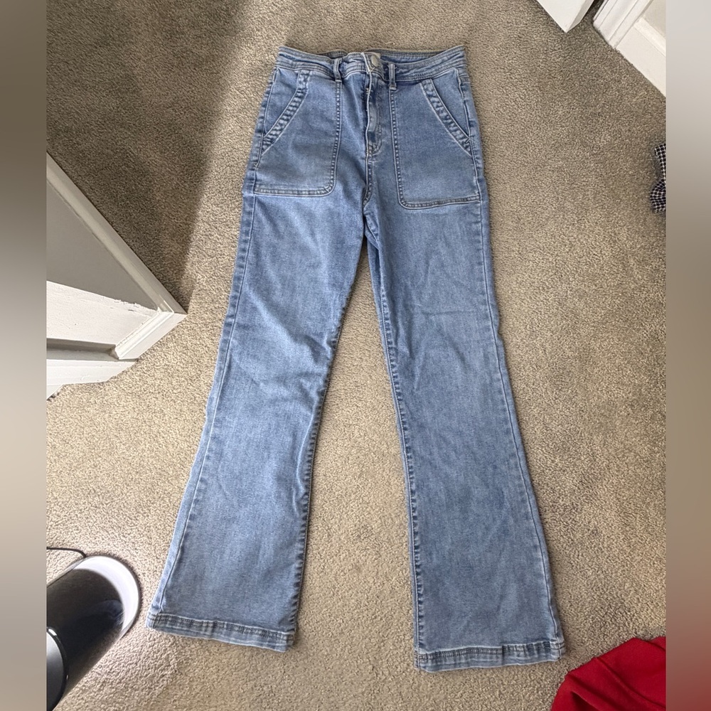 Knox Rose Light Blue Flare Jeans with Front Patch Pockets